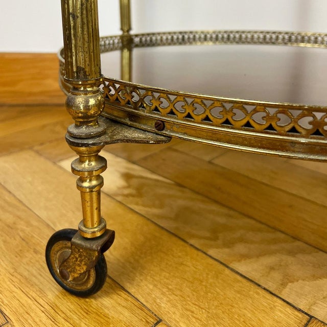 Gold Mid-Century Round Brass and Glass Rolling Trolley For Sale - Image 8 of 11