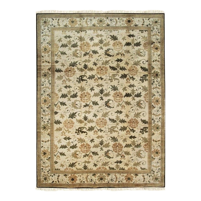 9x12 Ivory Floral Allover Hand-Knotted Wool Rug For Sale