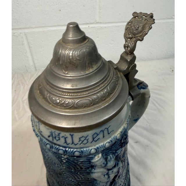 Antique Whites Utica Stoneware Pottery "Prince of Pilsen" Pewter Lidded Stein For Sale - Image 9 of 12