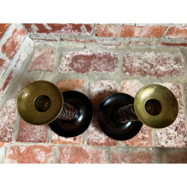 Pair Set Antique English Oak Open Barley Twist Candlesticks Candle Holder Brass For Sale - Image 11 of 12