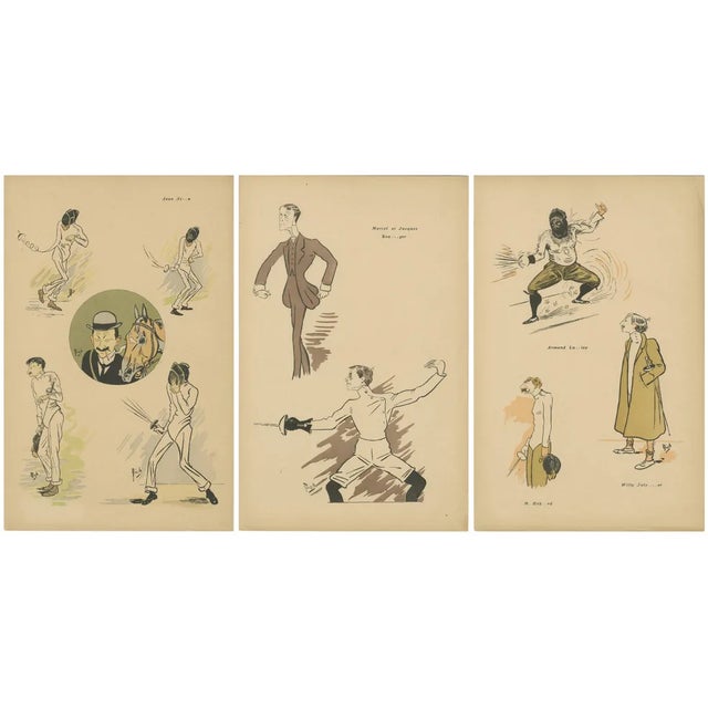 Mich, Fencing Caricatures, 1907, Prints, Set of 3 For Sale