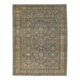 Antique Malayer Style Rug With Muted Slate, Charcoal, and Ivory Botanical Motif For Sale