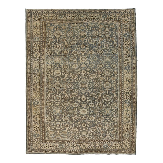 Antique Malayer Style Rug With Muted Slate, Charcoal, and Ivory Botanical Motif For Sale