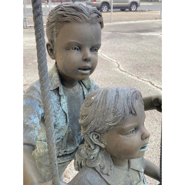 Metal Late 20th Century Large Bronze Boy and Girl Children Swinging Garden Outdoor Statue Sculpture For Sale - Image 7 of 9