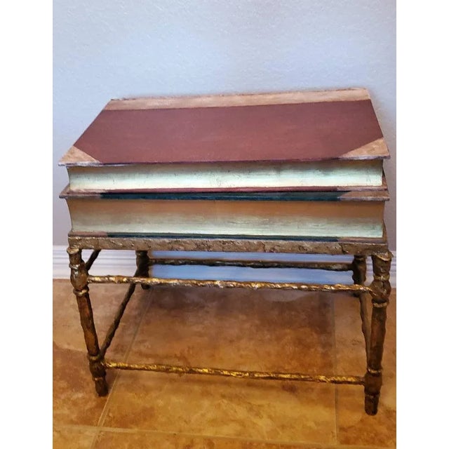 Red Spanish Signed Faux Stacked Book Bronze Dore Side Table by Horacio Acu�a For Sale - Image 8 of 11