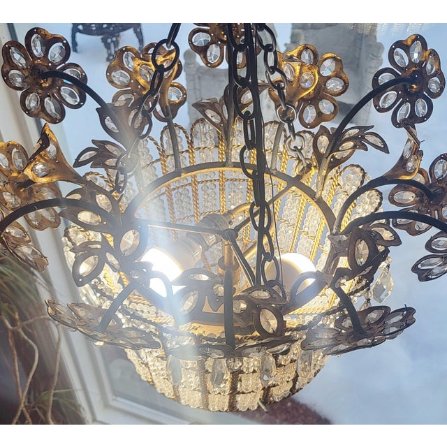 Vintage French Designer Mid-Century Modern Crystal & Bronze Flower Basket Chandelier For Sale - Image 11 of 13