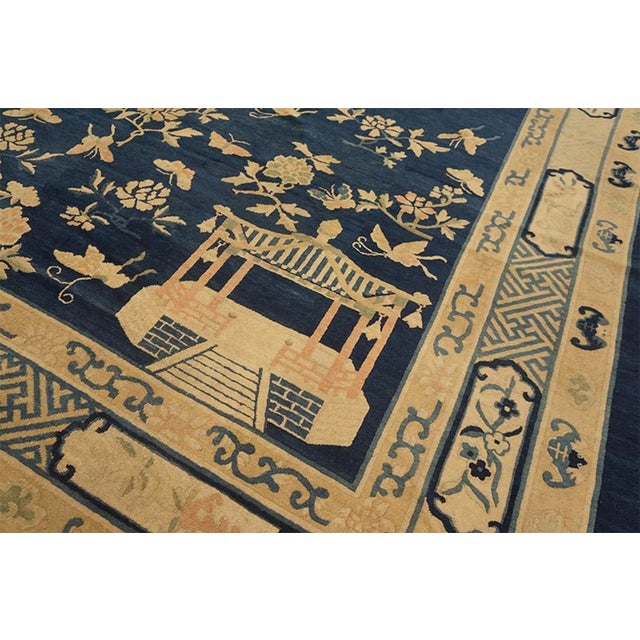 Chinese Great Navy Blue Ground Color With Beige Butterfly in a Chinoiserie Pattern Antique Chinese Peking Rug For Sale - Image 3 of 7
