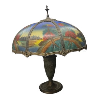 Antique Reverse Painted Glass 8 Panel Table Lamp Landscape Shade For Sale