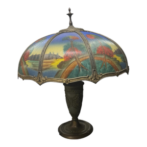 Antique Reverse Painted Glass 8 Panel Table Lamp Landscape Shade