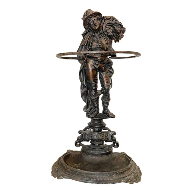 Large Antique Ornate Reaper Cast Iron Figural Umbrella Cane Floor Stand Holder For Sale