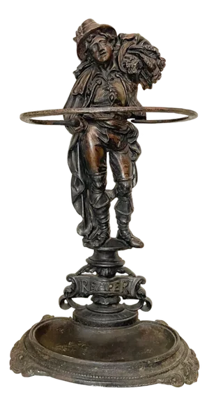 Large Antique Ornate Reaper Cast Iron Figural Umbrella Cane Floor Stand Holder