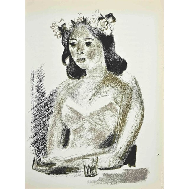 In the Café is an original lithograph on paper realized by Albert Chavaz in 1947. Good Conditions. The artwork is depicted...