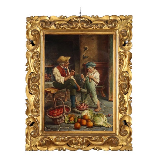 Attributed to Adolfo Dumini, Farmer Smoking Pipe, Oil on Canvas, Framed For Sale
