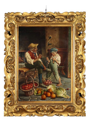 Attributed to Adolfo Dumini, Farmer Smoking Pipe, Oil on Canvas, Framed