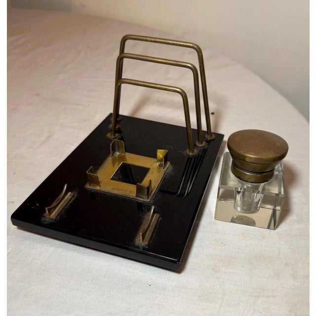 Antique Black Glass Bronze Brass Desk Inkwell Jar Letter Pen Holder Stand For Sale - Image 9 of 10