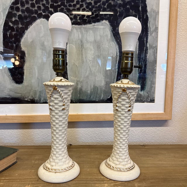 Ceramic Perfect Pair 1950s Pair of Vintage Ceramic Diminutive Basket Gold Bow Lamps. For Sale - Image 7 of 8