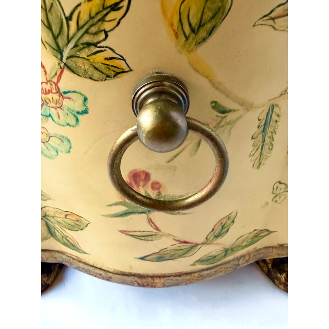 English Vintage Hand-Painted Bird & Floral Tole Cachepot For Sale - Image 3 of 14