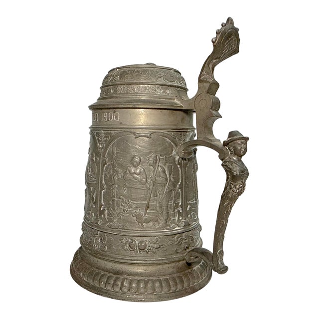 Antique Ornate 1900 Figural German Pewter Lidded Engraved Relief Beer Stein Mug For Sale