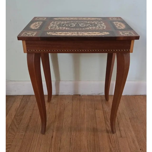 Vintage Italian Marquetry Inlay Reuge Music Box Jewelry Table Plays Fascination Waltz For Sale In Baltimore - Image 6 of 12
