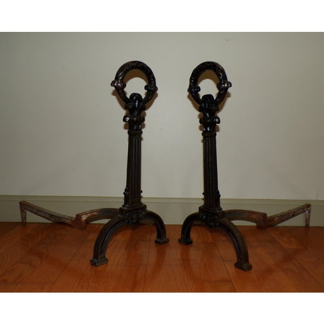Antique Pair Art Deco Fireplace Andirons Fire Dogs Cast Iron Log Holders For Sale - Image 9 of 13