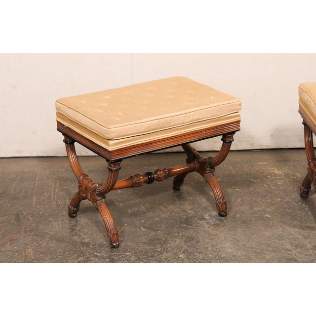 Brown Mid 20th Century Dante Style Wood Stools W/ Upholstered Seats - A Pair For Sale - Image 8 of 9