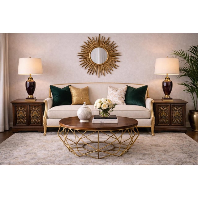 Wood Late 20th Century Architectural Sculptural Coffee Table in Cognac Walnut With Antique Gold Faceted Wire Base For Sale - Image 7 of 7