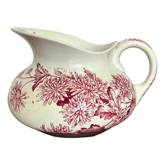 Antique French Longwy Pitcher Red Floral Transferware Faience Jug from Manufacture Des Emaux De Longwy, 1900s For Sale