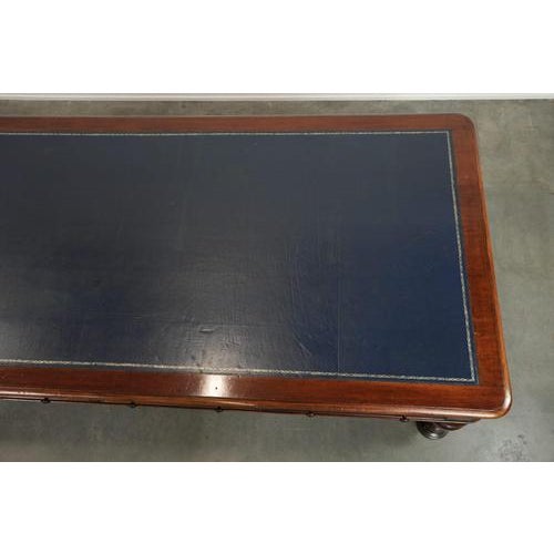 Wood Large Antique English Library Writing Desk with a Dark Blue Leather Top, 19th Century For Sale - Image 7 of 15