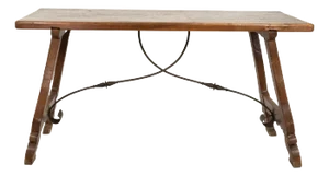 Spanish Baroque Style Chestnut Trestle Table With Wrought Iron Stretcher and Harp-Shaped Bases Circa 1850