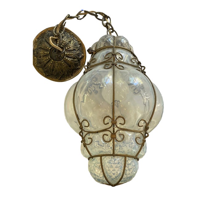 Italian Handblown Murano Glass Cage Pendant Light Mid Century For Sale