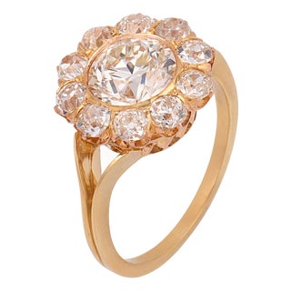 Early 20th Century Victorian Gia 2.23 Carat Old European Cut Diamond 18k Yellow Gold Cluster Ring, Size 6.25 For Sale