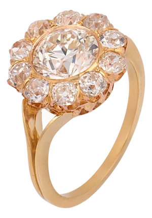 Early 20th Century Victorian Gia 2.23 Carat Old European Cut Diamond 18k Yellow Gold Cluster Ring, Size 6.25