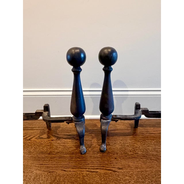 Black Vintage Black Cast Iron Cannonball Fireplace Andirons – A Pair For Sale - Image 8 of 8
