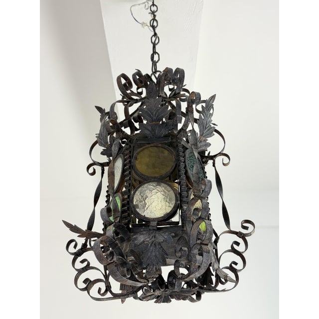 1940s Venetian Lantern in Wrought Iron and Colored Glass, 1940s For Sale - Image 5 of 13