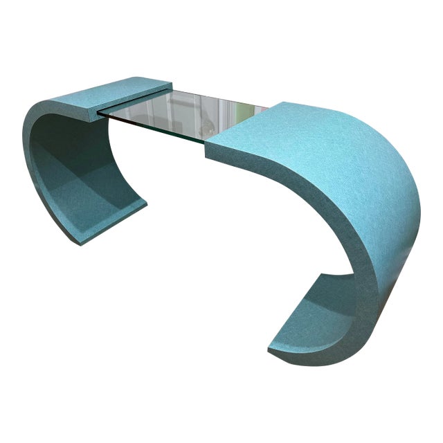 1980 Teal Blue Formica Glass Console Table, in Karl Springer Style For Sale