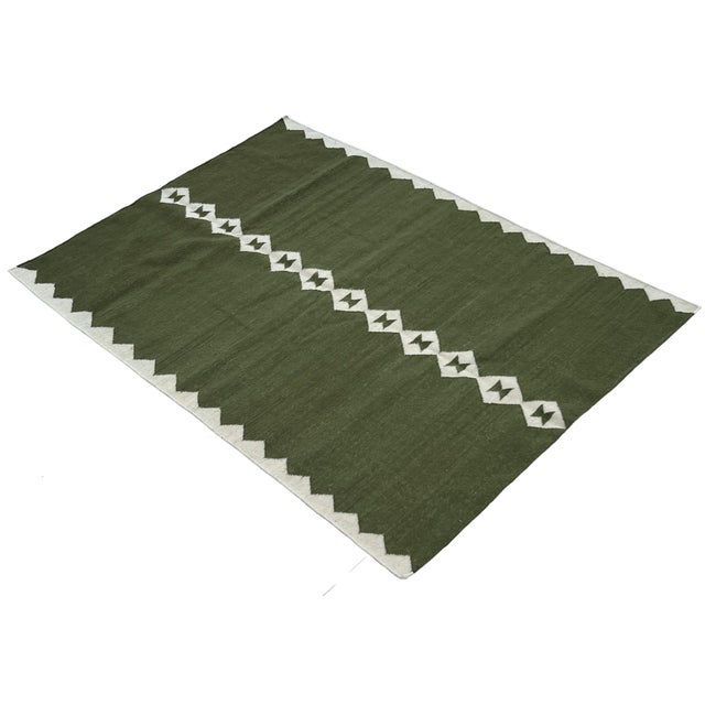 Handwoven New Zealand Wool, Natural Vegetable Dyed, Olive Green And Cream Geometric Diamond Patterned Rug- 4'x6' These...