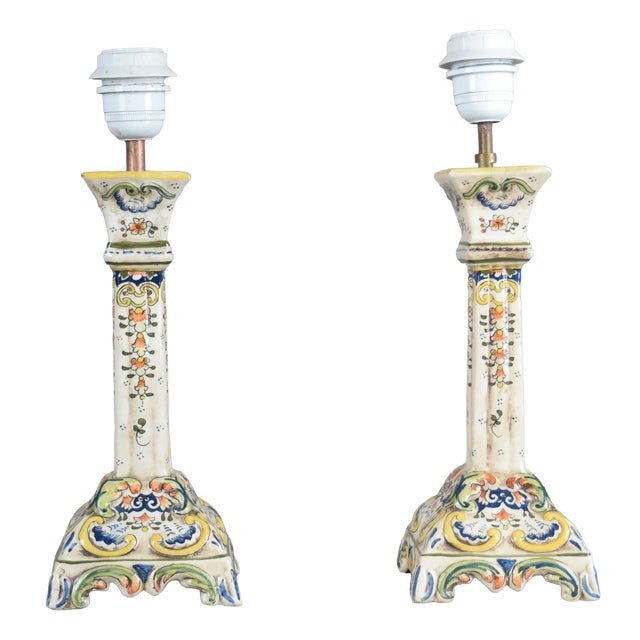 French Rouen Faience Table Lamps, 1890s, Set of 2 For Sale