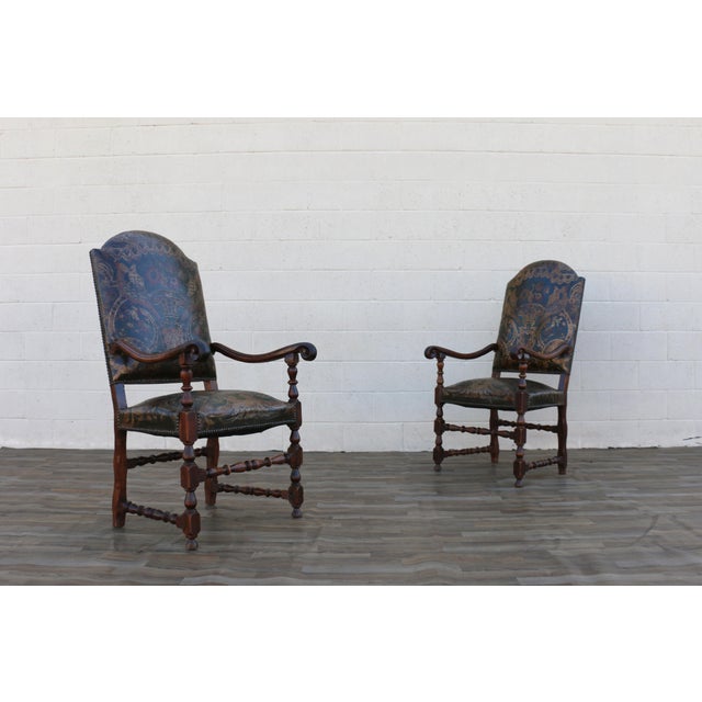 Pair of Early 18th Century Carved Wood Armchairs With Embossed Leather Upholstery For Sale - Image 9 of 18