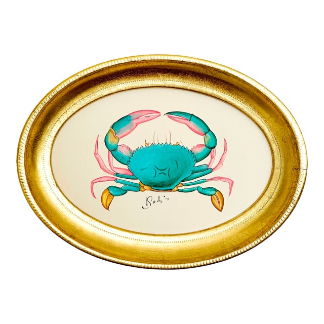 Original Hand-Painted Crab Painting Framed in a Vintage Italian Frame For Sale