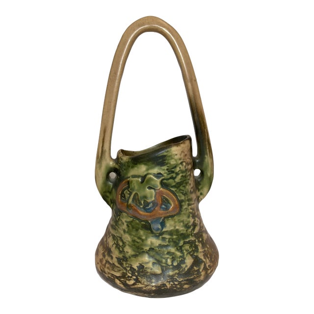 1920s Antique Roseville Pottery Imperial Textured Basket For Sale