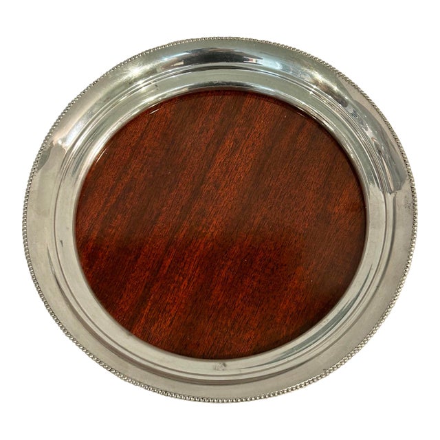 1970’s Revere Pewter 8” Round Tray With Faux Wood Surface For Sale