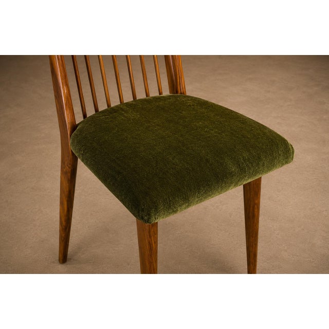 Rare Set of Six Dining Chairs by Joaquim Tenreiro in Caviúna Wood & Olive Green Mohair, Brazil, 1950s For Sale - Image 13 of 16