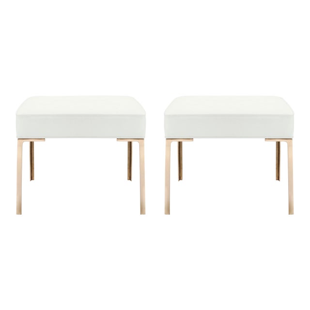 Astor Brass Ottomans in Snow Ultrasuede by Montage, Pair For Sale