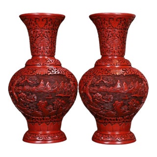 Cinnabar Lacquer Vase Pair / Carved Red Lacquer Landscape Vases For Sale