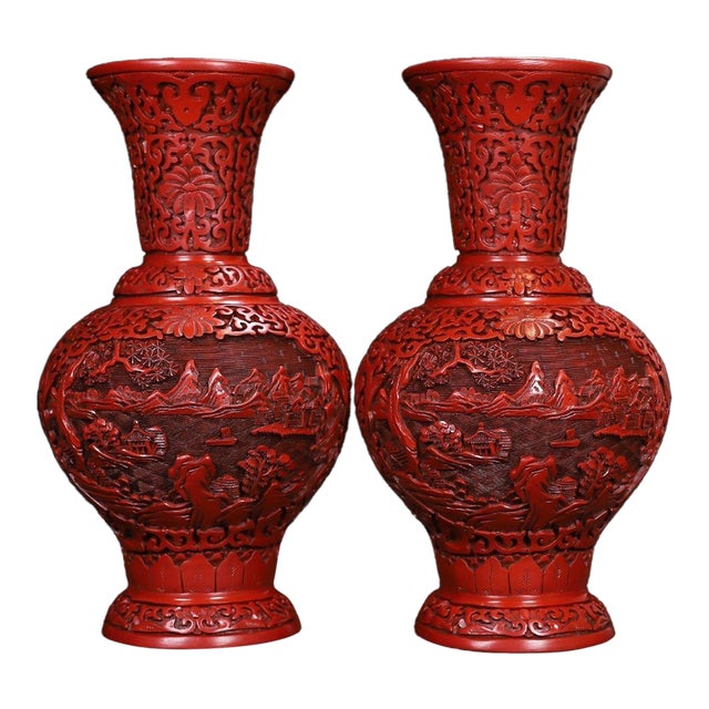 Cinnabar Lacquer Vase Pair / Carved Red Lacquer Landscape Vases For Sale