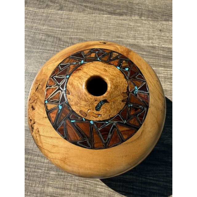 Late 20th Century Signed Studio Spalted Maple Turned Wood Vessel With Copper, Silver Turquoise Inlay For Sale - Image 4 of 10