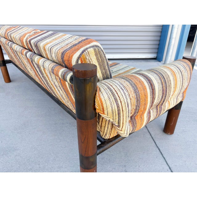 1970s Vintage Brutalist Wood, Brass, and Striped Upholstered Sofa For Sale - Image 9 of 12
