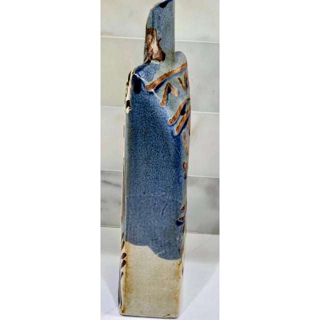 1990s Alfajar Ceramica Spanish Hand Painted Modernist Face Sgraffito Stoneware Vase For Sale - Image 5 of 14