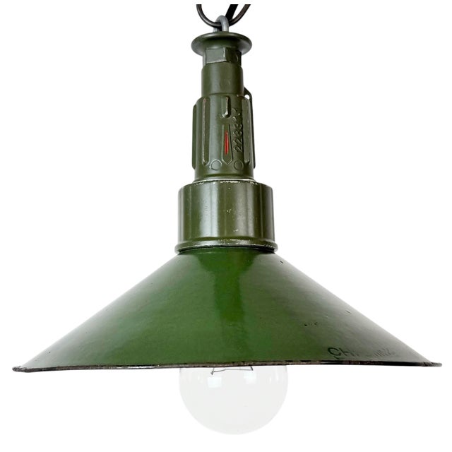 Industrial Green Enamel Military Pendant Lamp with Cast Aluminium Top, 1960s For Sale - Image 18 of 18