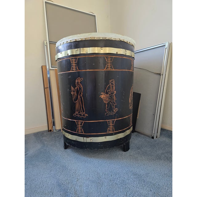 Chinoiserie Pair of Antique Asian Chinoiserie Leather and Carved Wood Drum Side Tables For Sale - Image 3 of 6